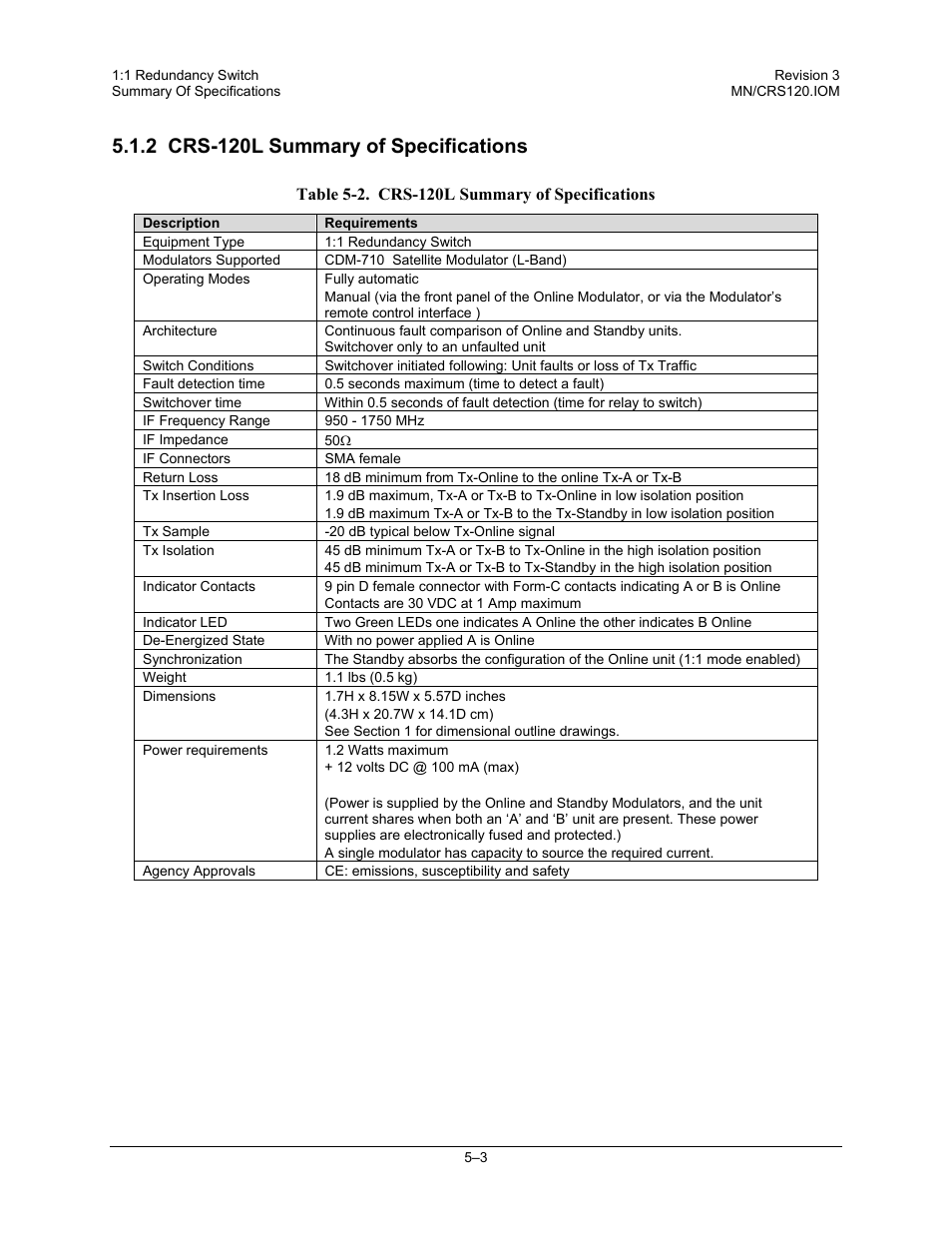 Crs-120l summary of specifications, 2 crs-120l summary of specifications | Comtech EF Data CRS-120 User Manual | Page 39 / 44