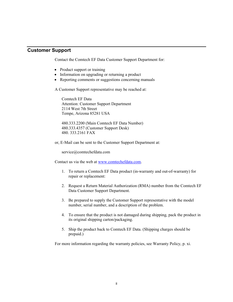 Customer support | Comtech EF Data CRS-120 User Manual | Page 4 / 44