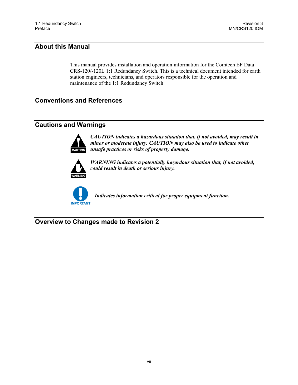 About this manual, Conventions and references, Cautions and warnings | Overview to changes made to revision 2, Conventions and references cautions and warnings | Comtech EF Data CRS-120 User Manual | Page 9 / 44