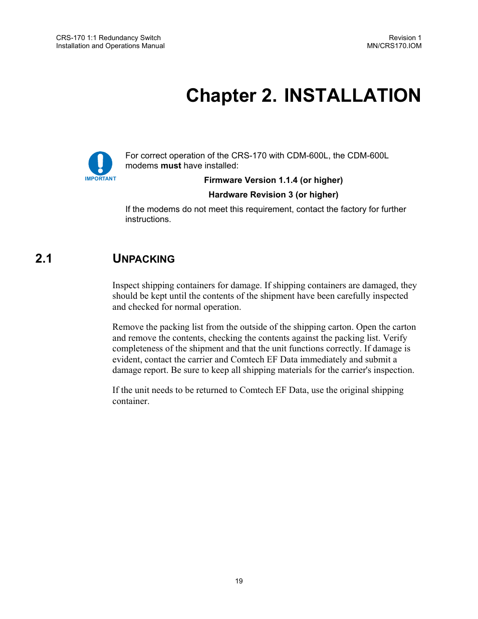 Installation, Unpacking, Chapter 2. installation | Comtech EF Data CRS-170 User Manual | Page 17 / 34