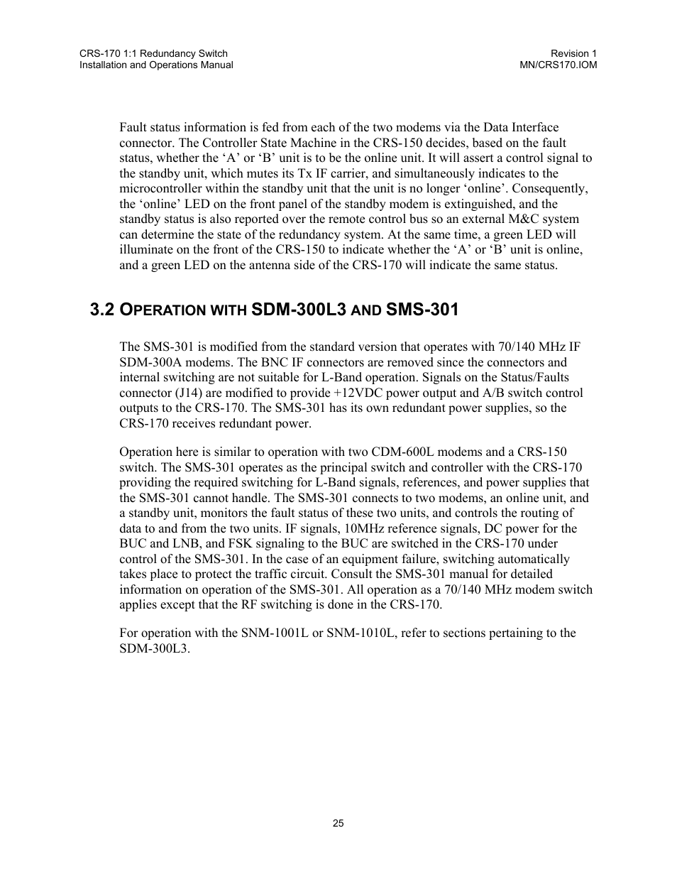 Operation with sdm-300l3 and sms-301, Sdm-300l3, Sms-301 | Comtech EF Data CRS-170 User Manual | Page 23 / 34