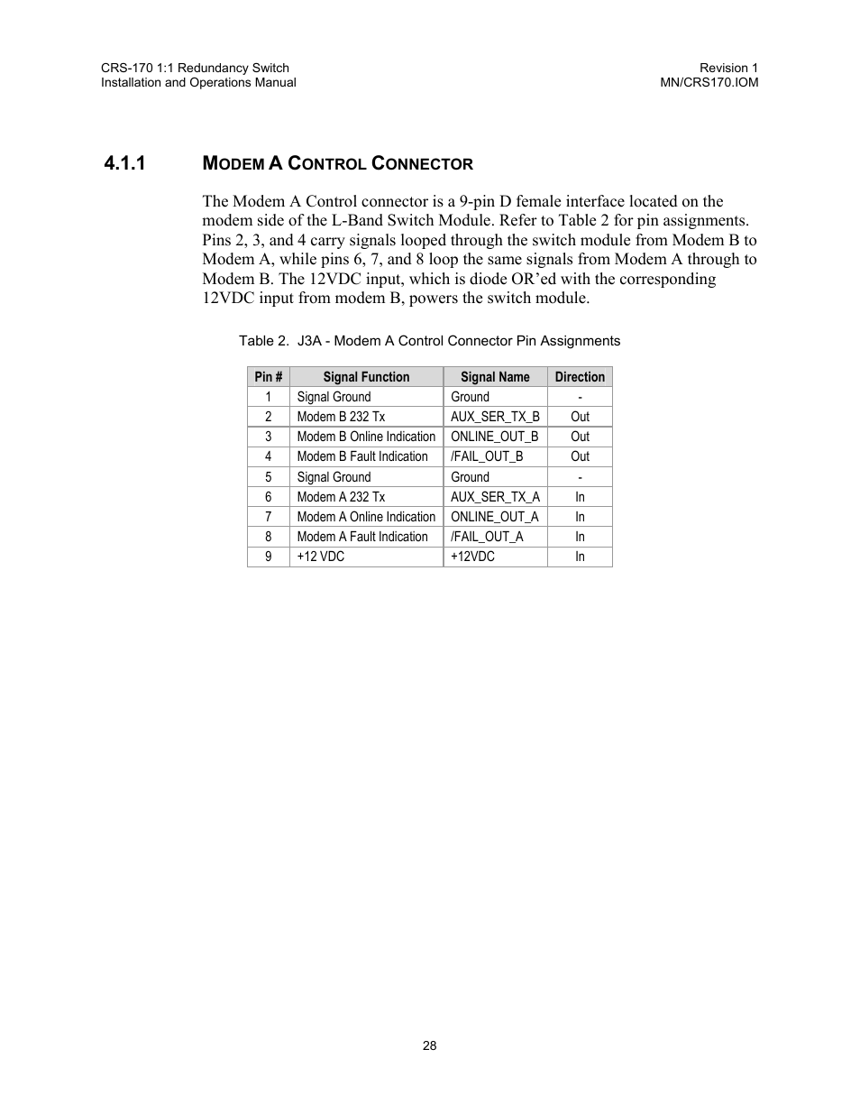 Modem a control connector | Comtech EF Data CRS-170 User Manual | Page 26 / 34