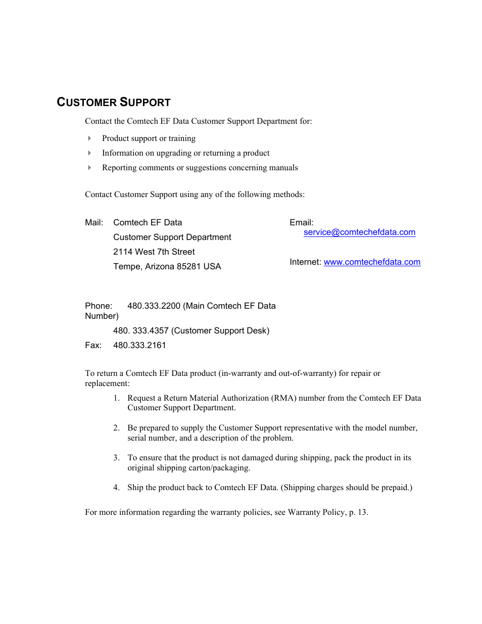 Customer support | Comtech EF Data CRS-170 User Manual | Page 4 / 34