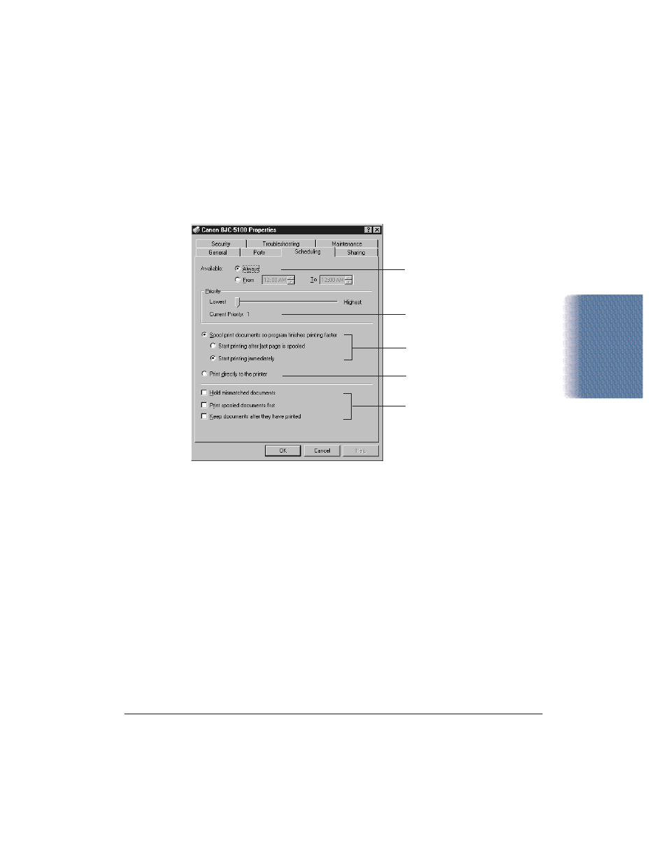 The scheduling tab | Canon BJC-5100 User Manual | Page 27 / 110