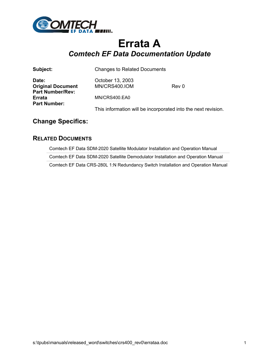 Errata a, Comtech ef data documentation update | Comtech EF Data CRS-400 User Manual | Page 3 / 96