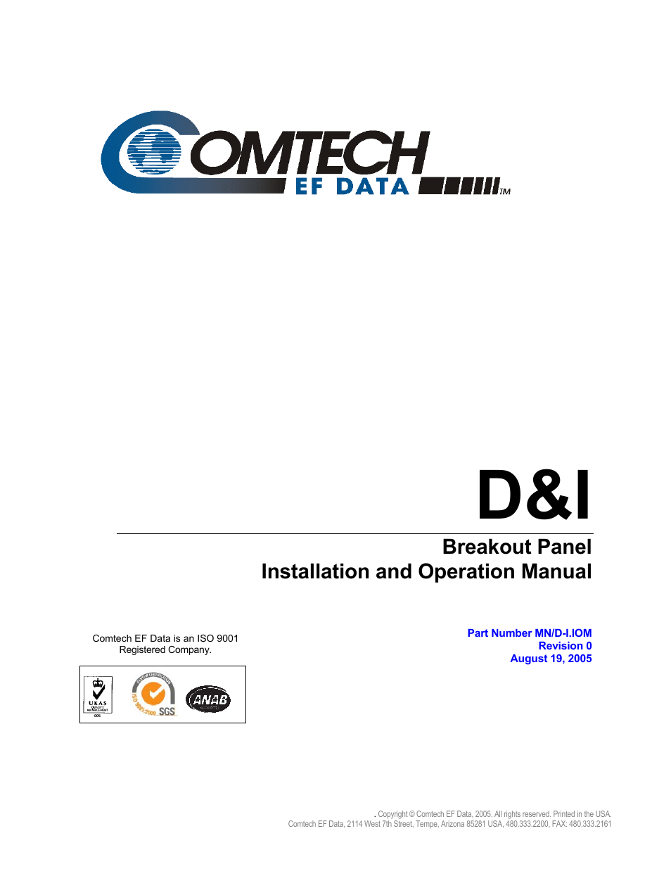 August 19, 2005, Breakout panel installation and operation manual | Comtech EF Data D&I User Manual | Page 3 / 24