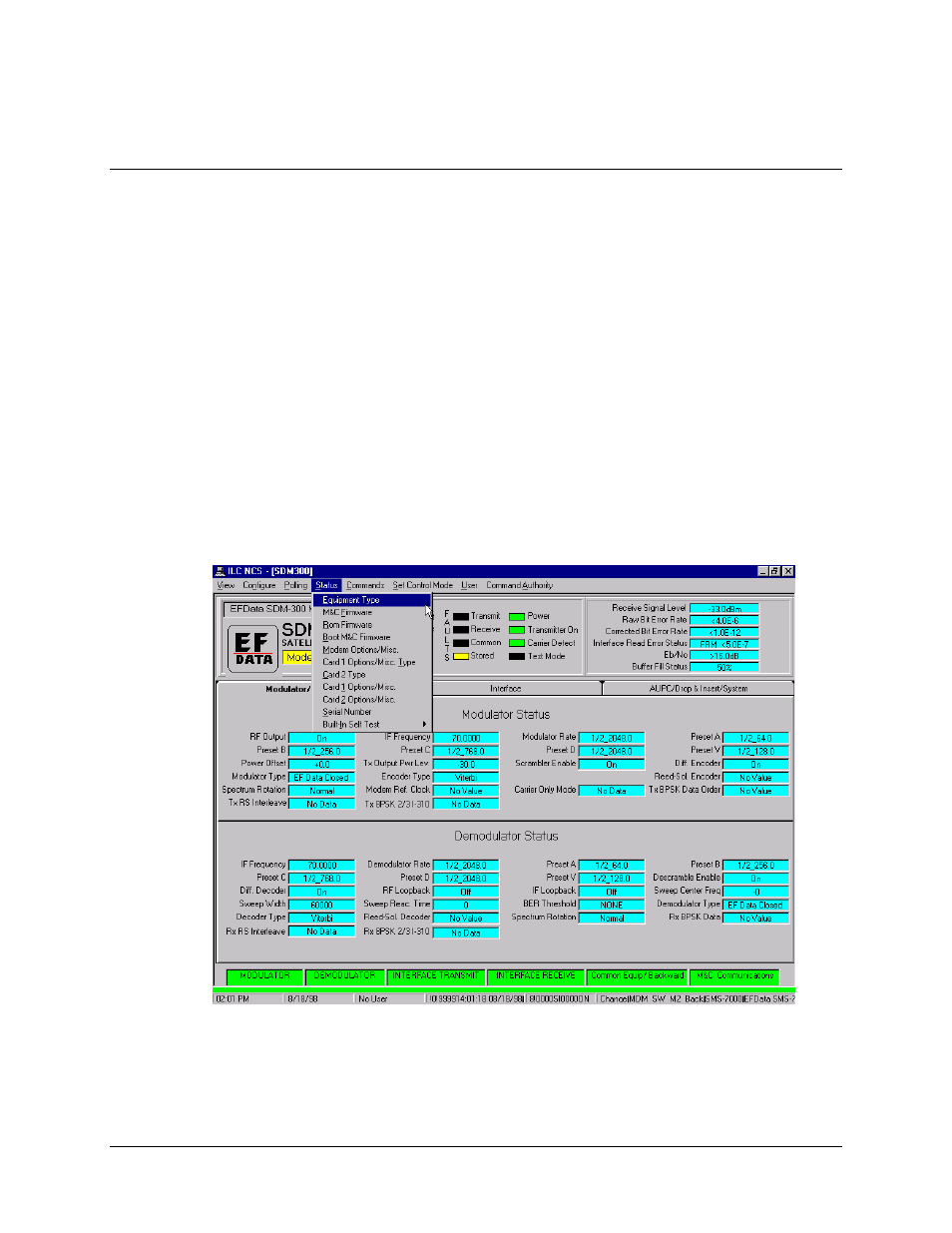 Status menu, Status – equipment type request | Comtech EF Data MiniMAC Operation ManualOperation Manual Operation Manual User Manual | Page 142 / 216