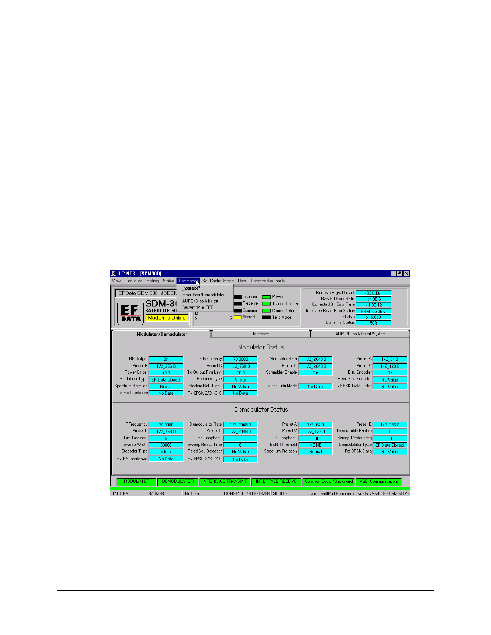 Commands menus, Sdm-300 commands | Comtech EF Data MiniMAC Operation ManualOperation Manual Operation Manual User Manual | Page 144 / 216