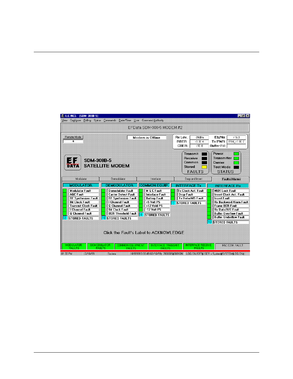 Faults/alarms screen | Comtech EF Data MiniMAC Operation ManualOperation Manual Operation Manual User Manual | Page 51 / 216