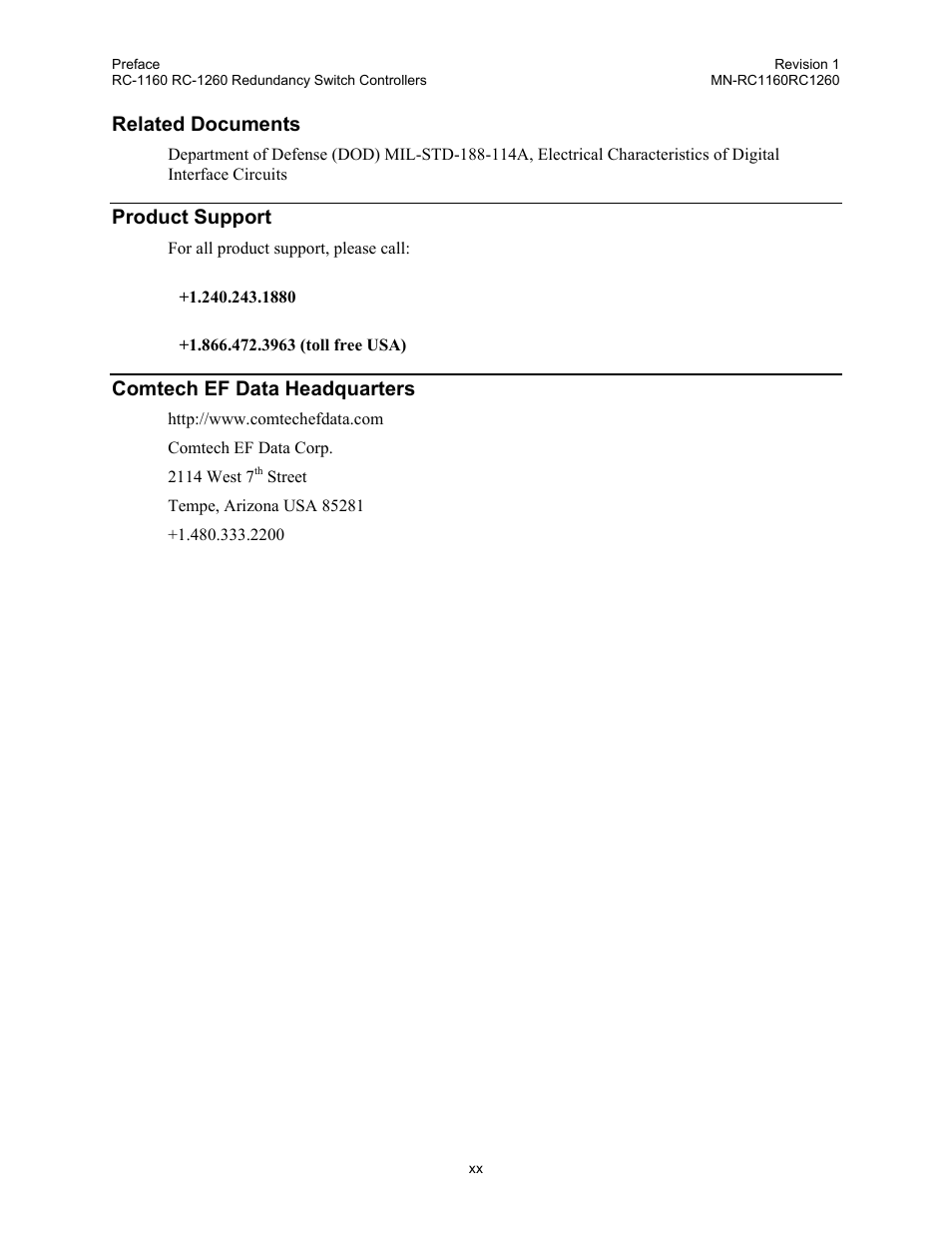 Related documents, Product support, Comtech ef data headquarters | Comtech EF Data RC-1160 User Manual | Page 14 / 68