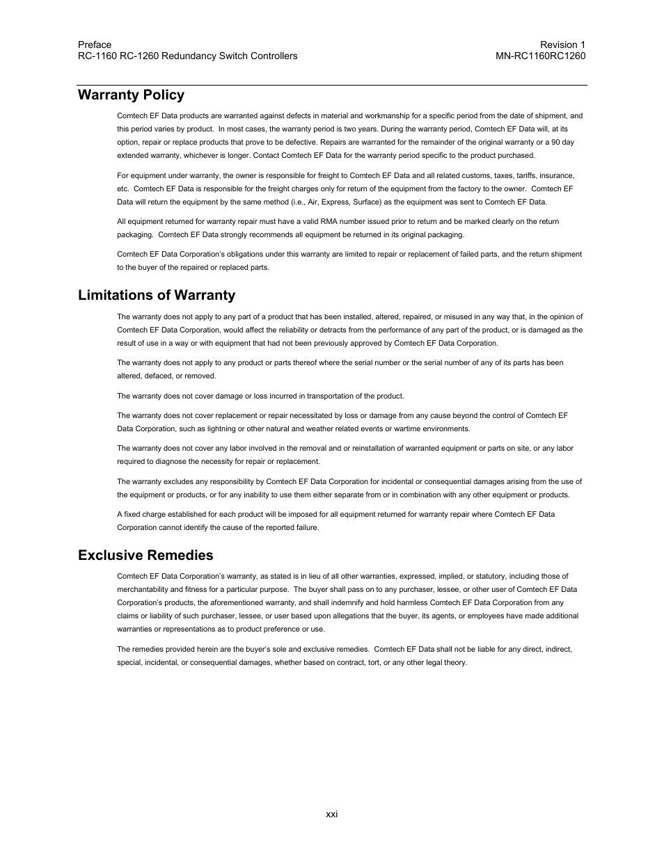 Warranty policy, Limitations of warranty, Exclusive remedies | Comtech EF Data RC-1160 User Manual | Page 15 / 68