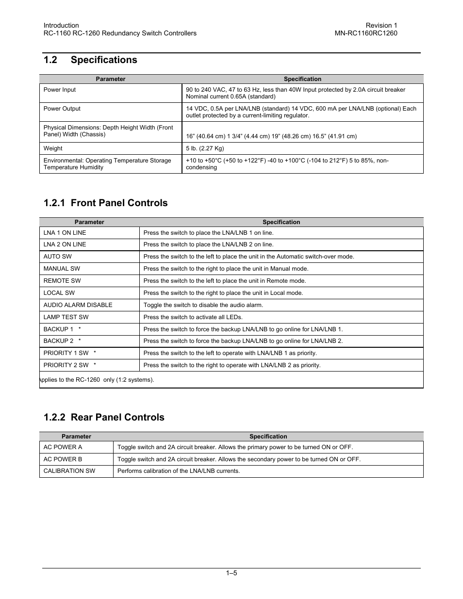 2 specifications, 1 front panel controls, 2 rear panel controls | Comtech EF Data RC-1160 User Manual | Page 21 / 68