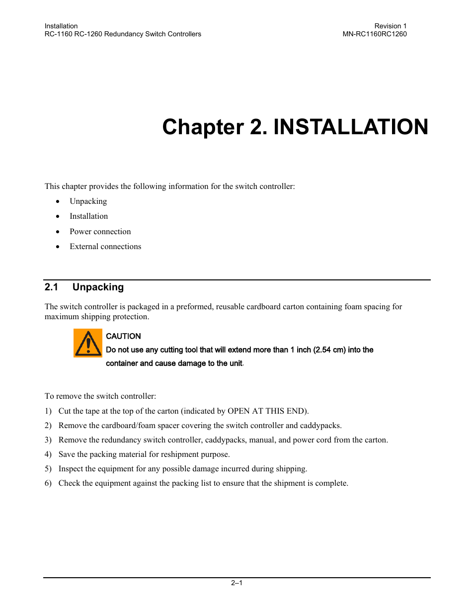 Chapter 2. installation, 1 unpacking | Comtech EF Data RC-1160 User Manual | Page 23 / 68