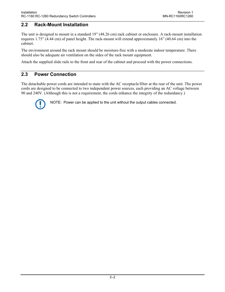 2 rack-mount installation, 3 power connection | Comtech EF Data RC-1160 User Manual | Page 24 / 68