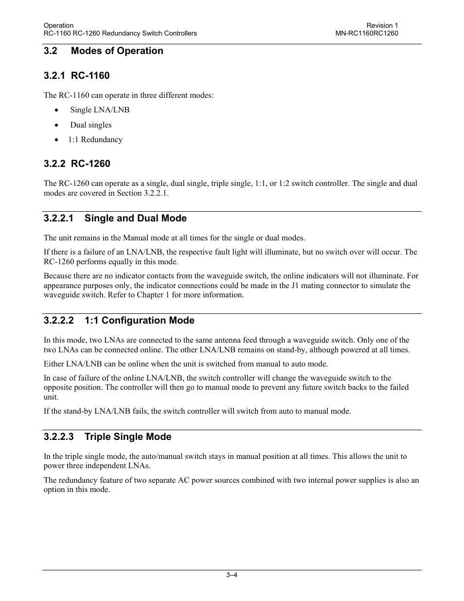 2 modes of operation, 1 rc-1160, 2 rc-1260 | Comtech EF Data RC-1160 User Manual | Page 34 / 68