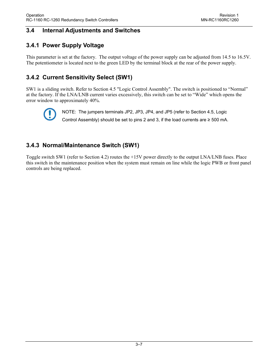 4 internal adjustments and switches, 1 power supply voltage, 2 current sensitivity select (sw1) | 3 normal/maintenance switch (sw1) | Comtech EF Data RC-1160 User Manual | Page 37 / 68