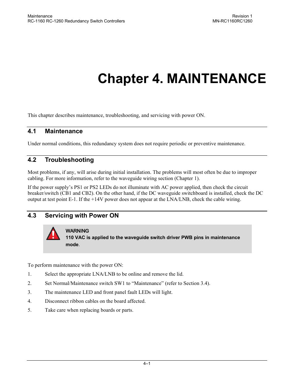 Chapter 4. maintenance, 1 maintenance, 2 troubleshooting | 3 servicing with power on | Comtech EF Data RC-1160 User Manual | Page 39 / 68