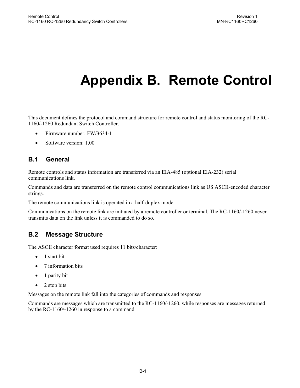 Appendix b. remote control, B.1 general, B.2 message structure | Comtech EF Data RC-1160 User Manual | Page 57 / 68