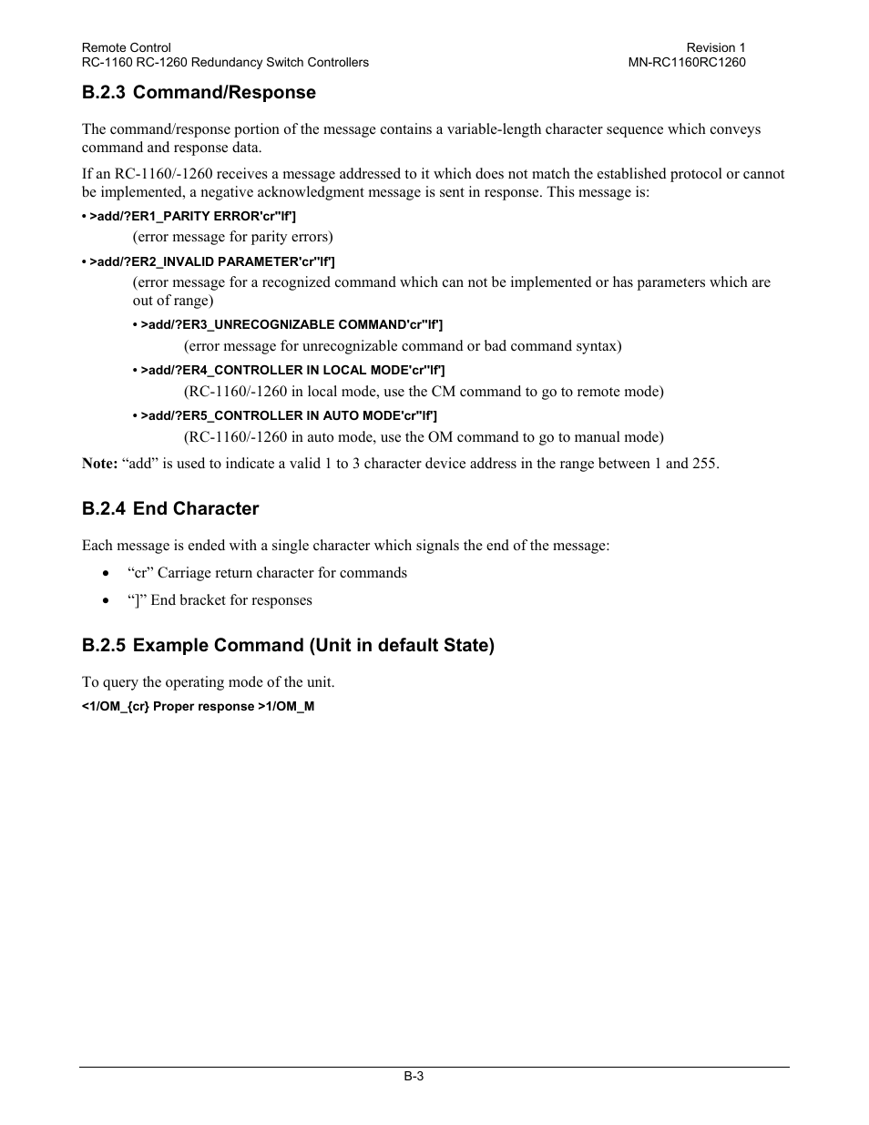 B.2.3 command/response, B.2.4 end character, B.2.5 example command (unit in default state) | Comtech EF Data RC-1160 User Manual | Page 59 / 68