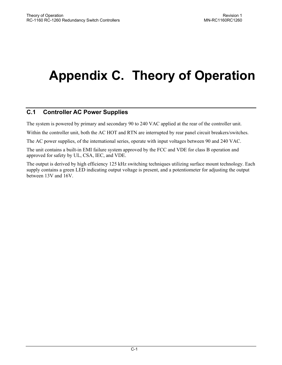 Appendix c. theory of operation, C.1 controller ac power supplies | Comtech EF Data RC-1160 User Manual | Page 61 / 68