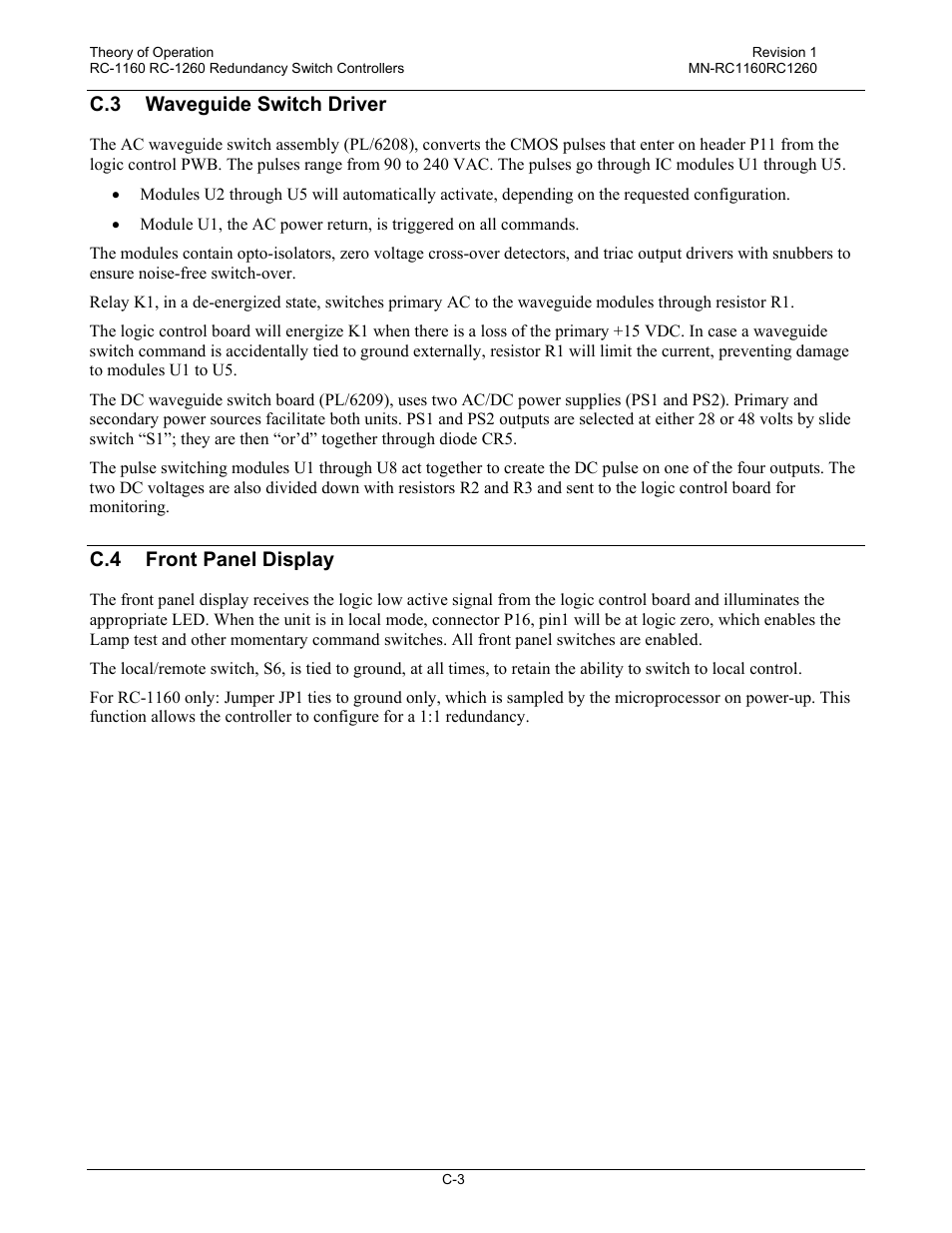 C.3 waveguide switch driver, C.4 front panel display | Comtech EF Data RC-1160 User Manual | Page 63 / 68