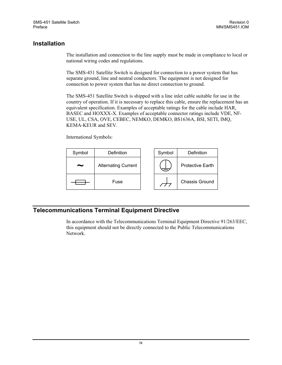 Installation, Telecommunications terminal equipment directive | Comtech EF Data SMS-451 User Manual | Page 11 / 62