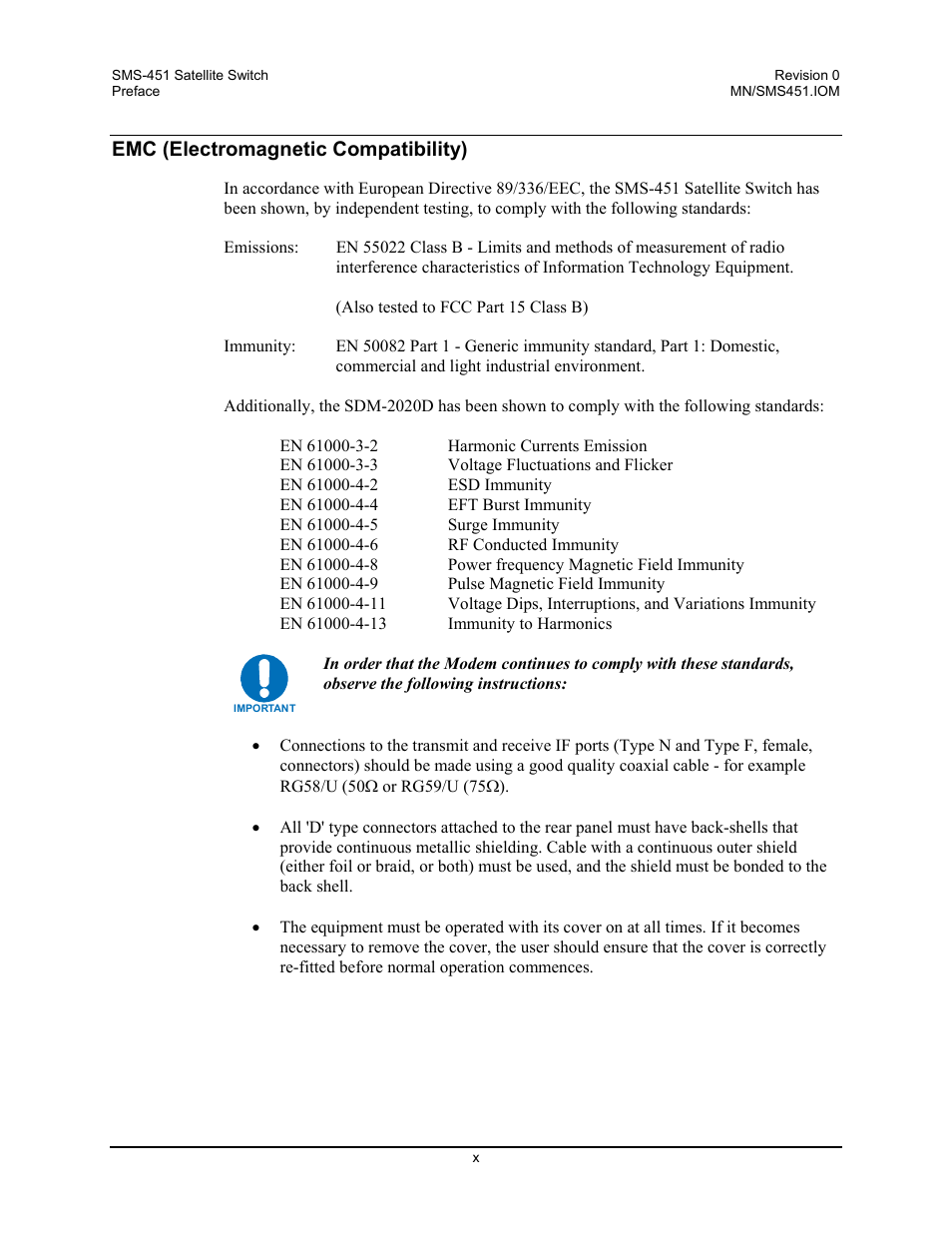 Emc (electromagnetic compatibility) | Comtech EF Data SMS-451 User Manual | Page 12 / 62