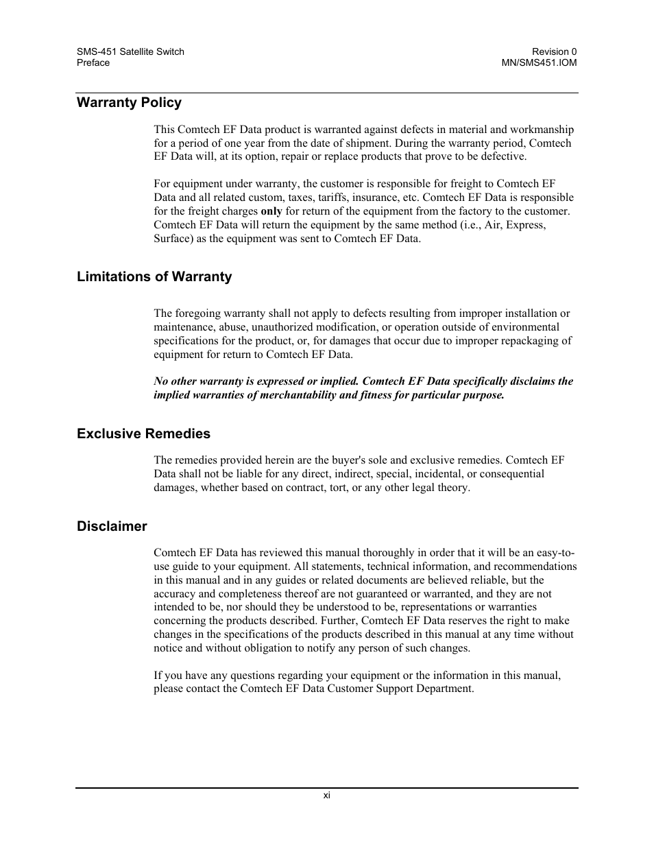 Warranty policy, Limitations of warranty, Exclusive remedies | Disclaimer | Comtech EF Data SMS-451 User Manual | Page 13 / 62