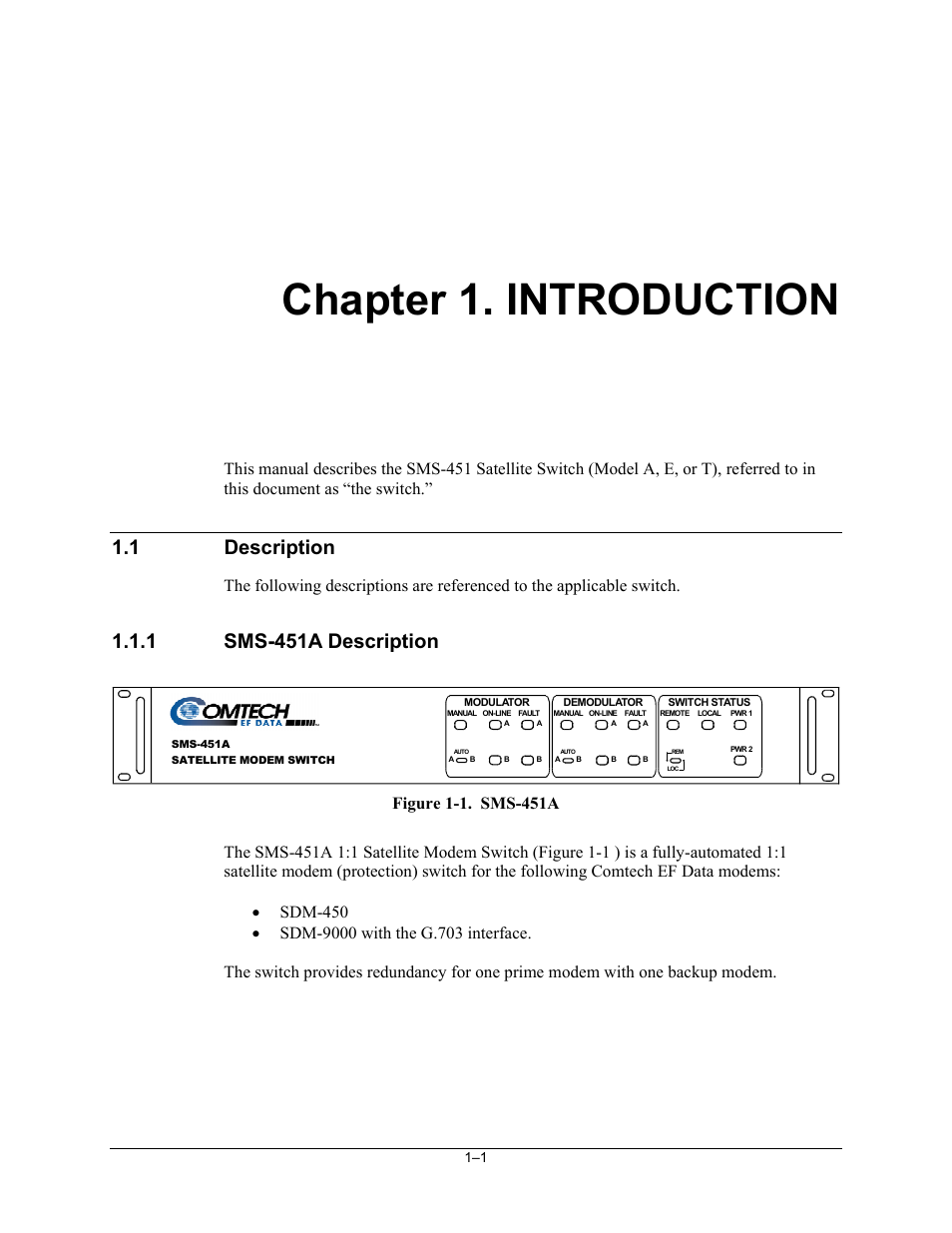 Introduction, Description, Sms-451a description | Chapter 1. introduction, 1 description, 1 sms-451a description | Comtech EF Data SMS-451 User Manual | Page 15 / 62