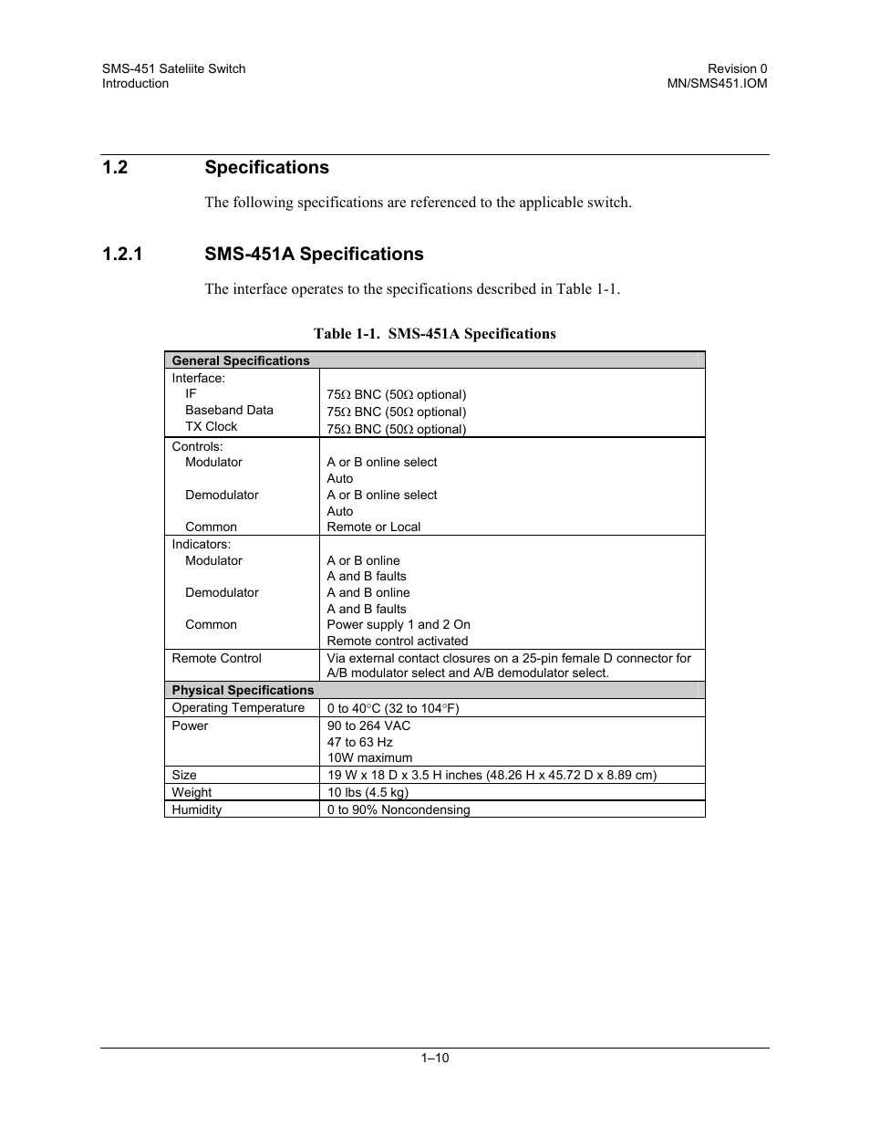 Specifications, Sms-451a specifications, 2 specifications | 1 sms-451a specifications | Comtech EF Data SMS-451 User Manual | Page 24 / 62