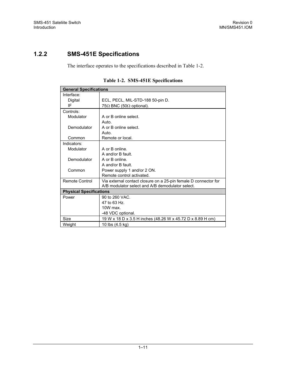 Sms-451e specifications, 2 sms-451e specifications | Comtech EF Data SMS-451 User Manual | Page 25 / 62