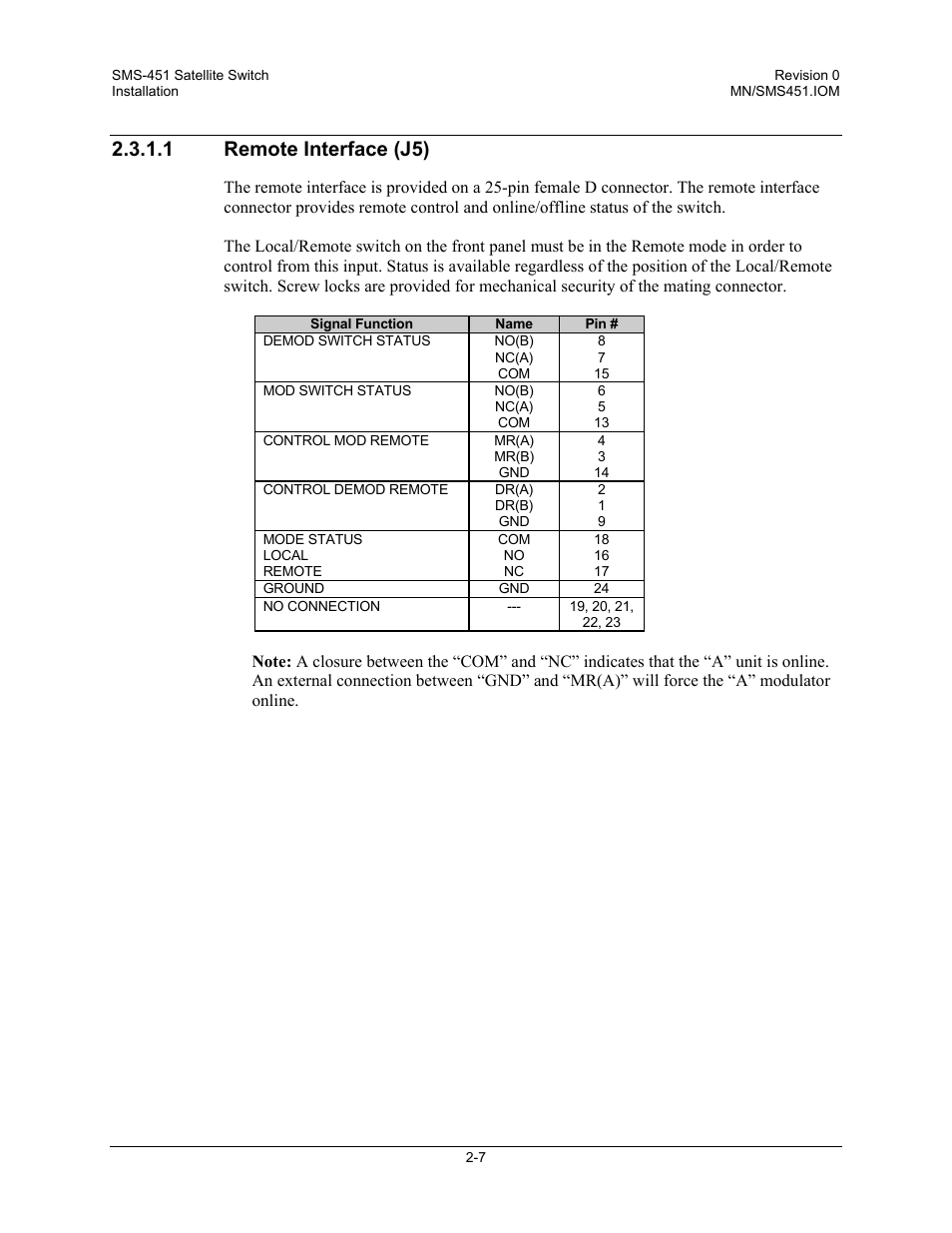 Remote interface (j5), 1 remote interface (j5) | Comtech EF Data SMS-451 User Manual | Page 33 / 62