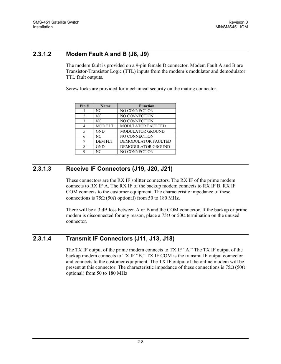 Modem fault a and b (j8, j9), Receive if connectors (j19, j20, j21), Transmit if connectors (j11, j13, j18) | 2 modem fault a and b (j8, j9) | Comtech EF Data SMS-451 User Manual | Page 34 / 62