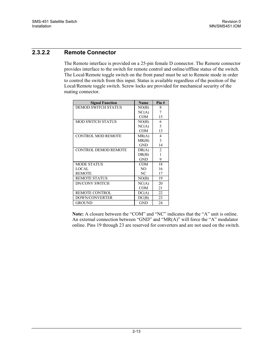 Remote connector, 2 remote connector | Comtech EF Data SMS-451 User Manual | Page 39 / 62