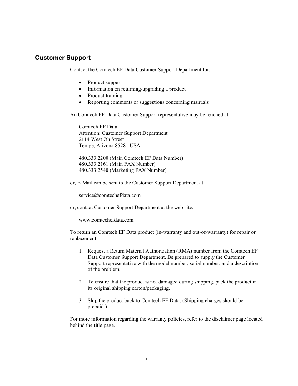 Customer support | Comtech EF Data SMS-451 User Manual | Page 4 / 62