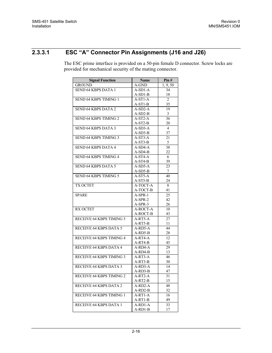 Esc “a” connector pin assignments \(j16 and j26 | Comtech EF Data SMS-451 User Manual | Page 42 / 62