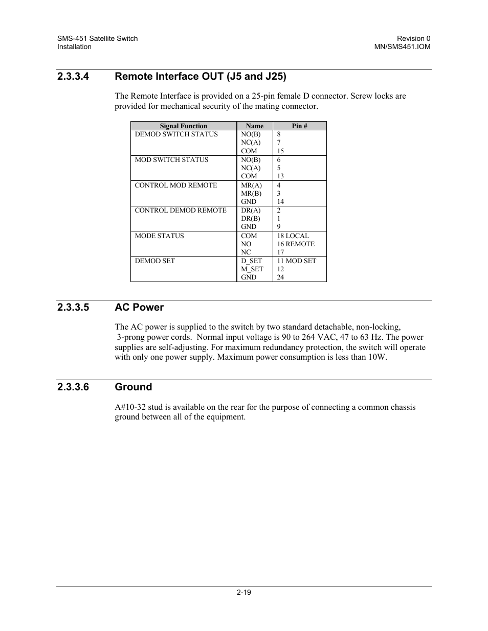 Remote interface out (j5 and j25), Ac power, Ground | 4 remote interface out (j5 and j25), 5 ac power, 6 ground | Comtech EF Data SMS-451 User Manual | Page 45 / 62
