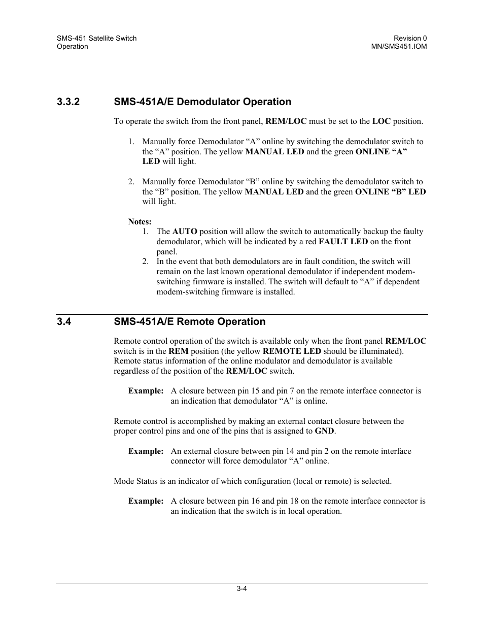 Sms-451a/e demodulator operation, Sms-451a/e remote operation | Comtech EF Data SMS-451 User Manual | Page 50 / 62