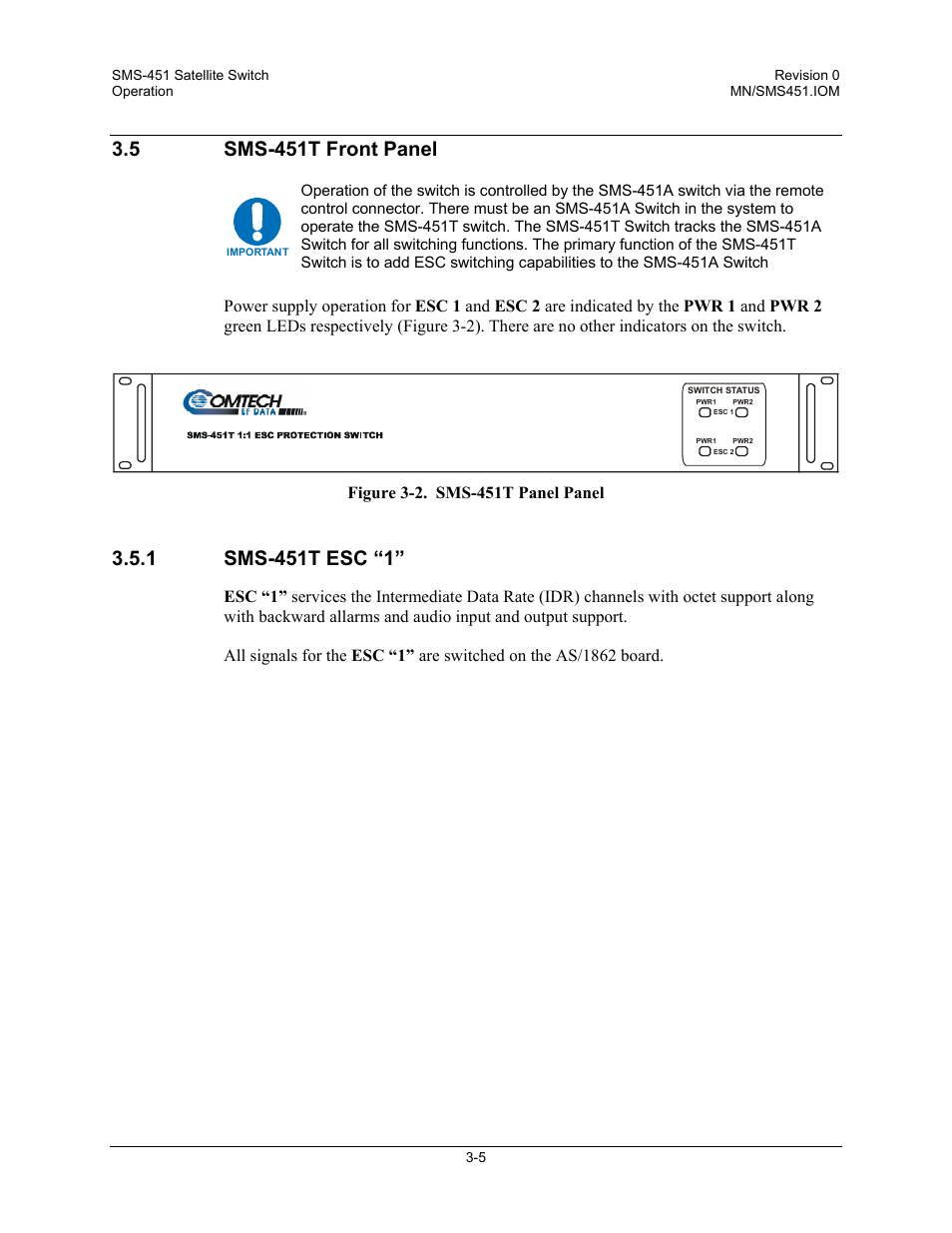 Sms-451t front panel, Sms-451t esc “1, 5 sms-451t front panel | Comtech EF Data SMS-451 User Manual | Page 51 / 62