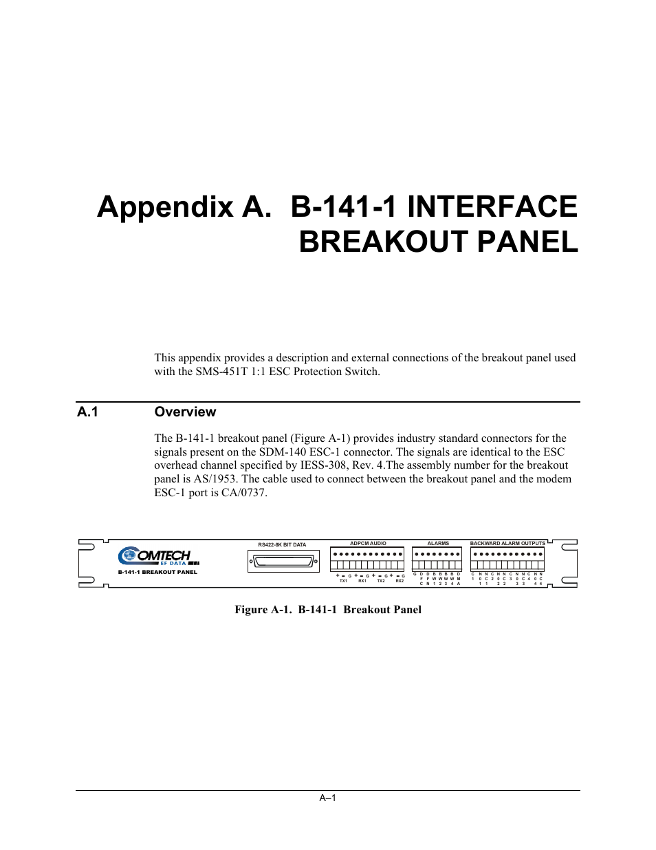 A. b-141-1 interface breakout panel, Erview, Appendix a. b-141-1 interface breakout panel | A.1 overview | Comtech EF Data SMS-451 User Manual | Page 53 / 62