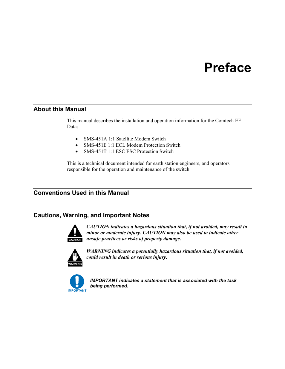 Preface, About this manual, Conventions used in this manual | Cautions, warning, and important notes | Comtech EF Data SMS-451 User Manual | Page 8 / 62