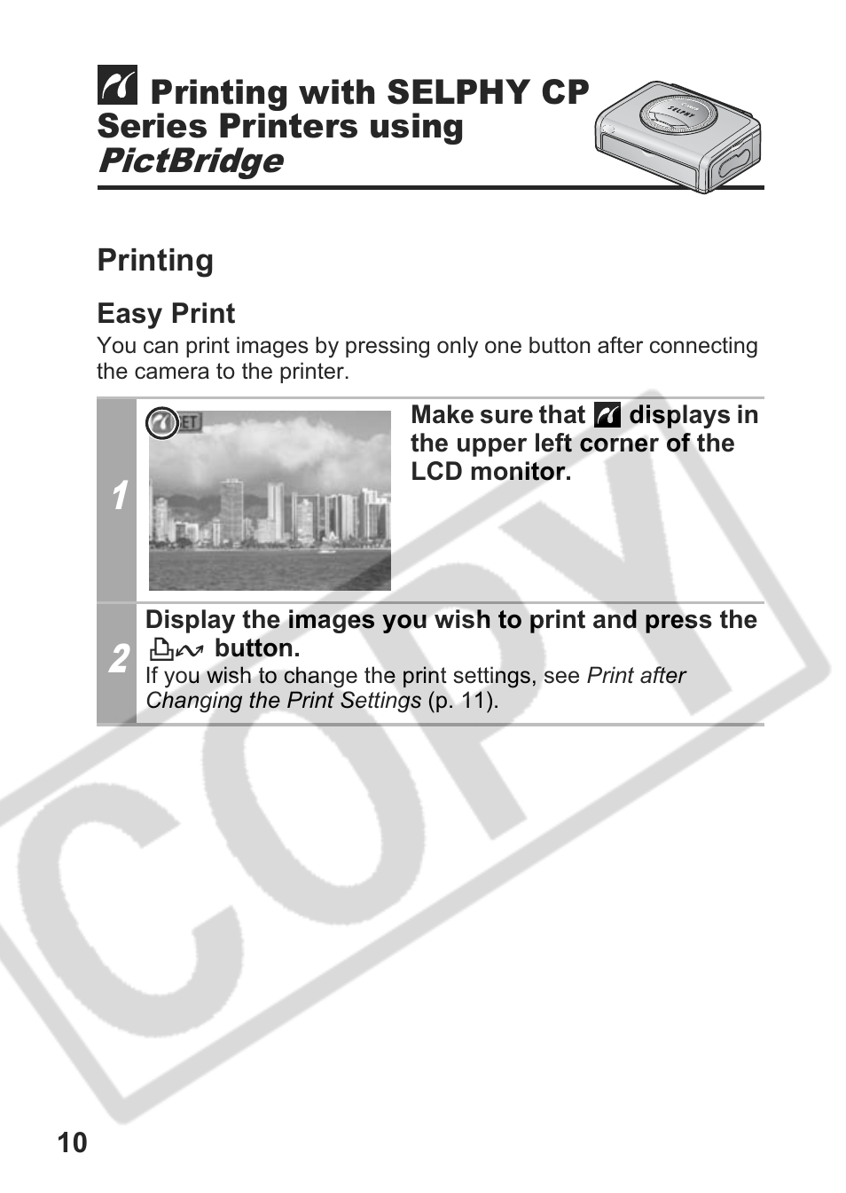 Pictbridge, Printing with selphy cp series printers using | Canon CDI-E301-010 User Manual | Page 12 / 82