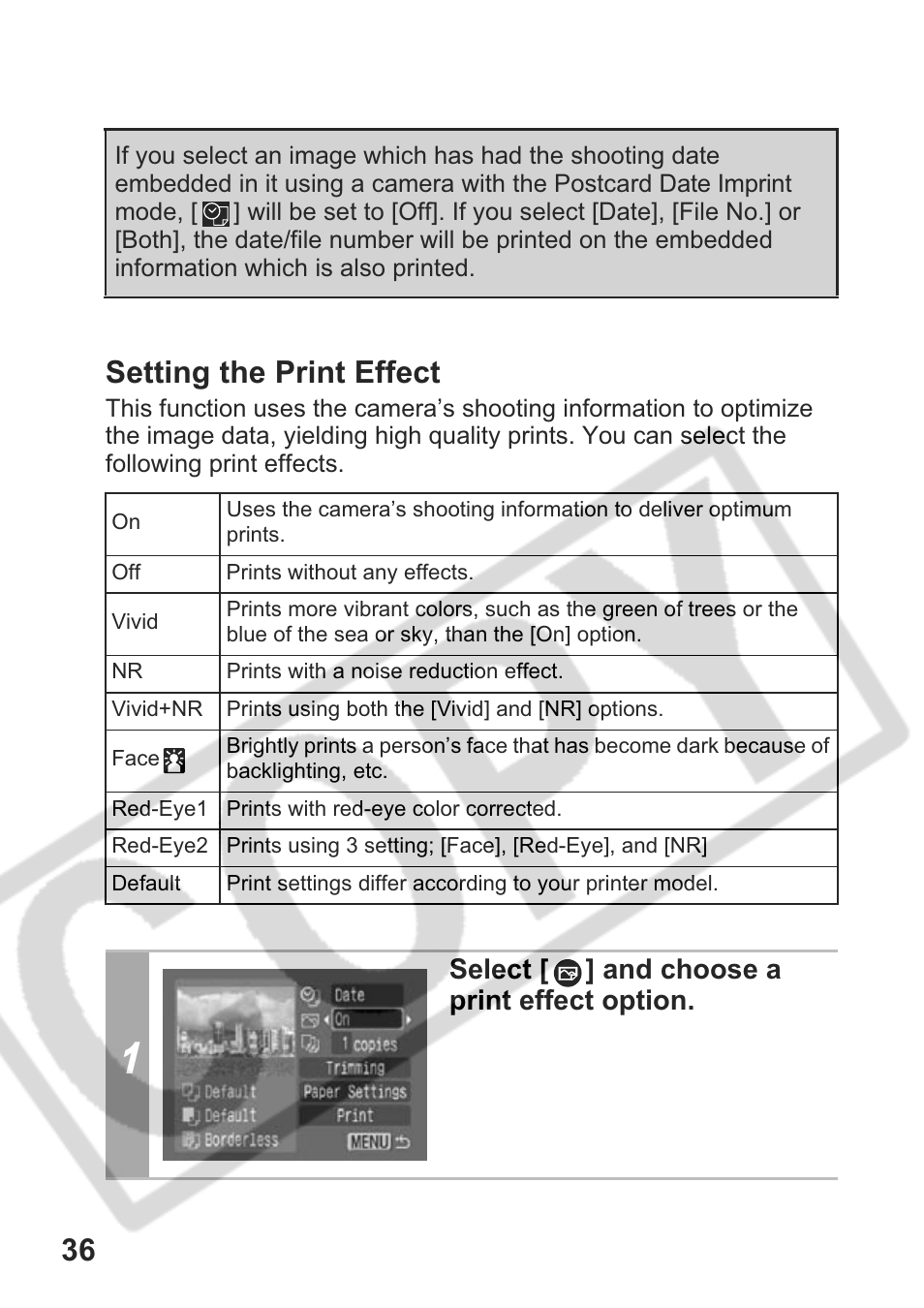 36 setting the print effect, Select [ ] and choose a print effect option | Canon CDI-E301-010 User Manual | Page 38 / 82