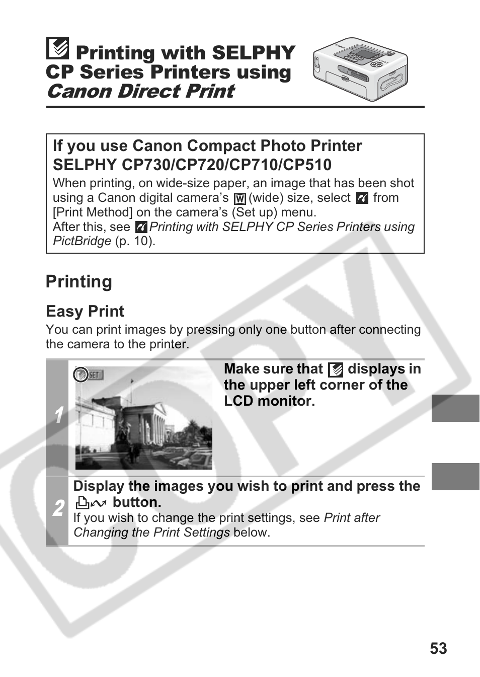 Canon direct print, Printing with selphy cp series printers using | Canon CDI-E301-010 User Manual | Page 55 / 82