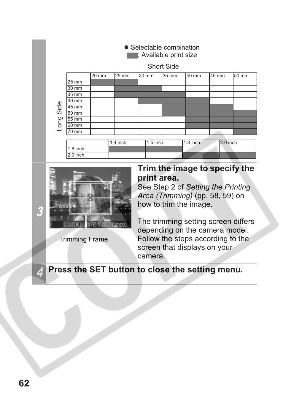 Trim the image to specify the print area, Press the set button to close the setting menu | Canon CDI-E301-010 User Manual | Page 64 / 82