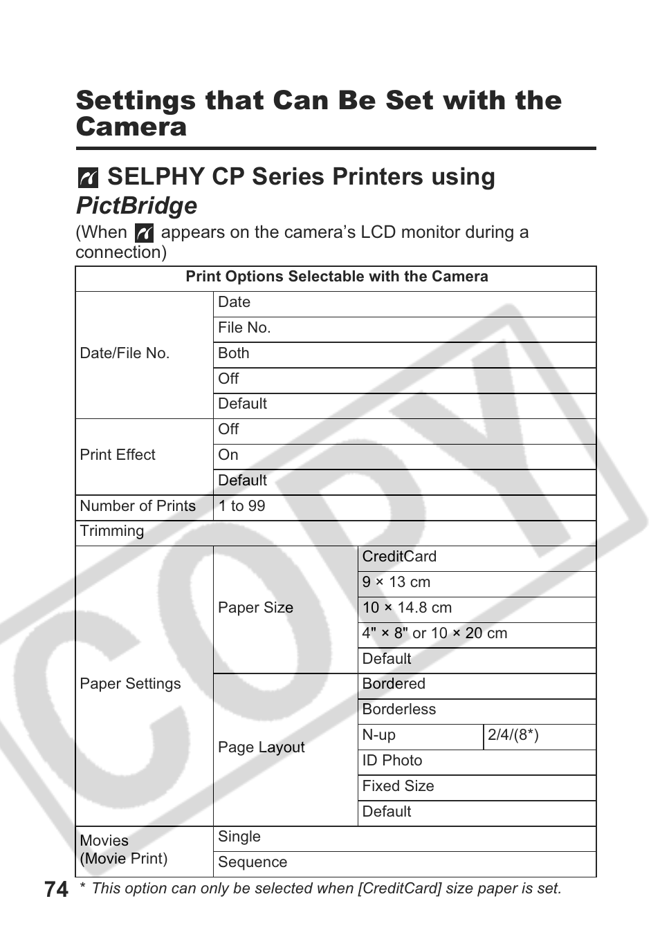 Settings that can be set with the camera, Selphy cp series printers using pictbridge | Canon CDI-E301-010 User Manual | Page 76 / 82