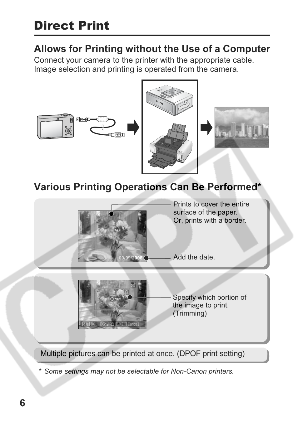 Direct print, Allows for printing without the use of a computer, Various printing operations can be performed | Canon CDI-E301-010 User Manual | Page 8 / 82
