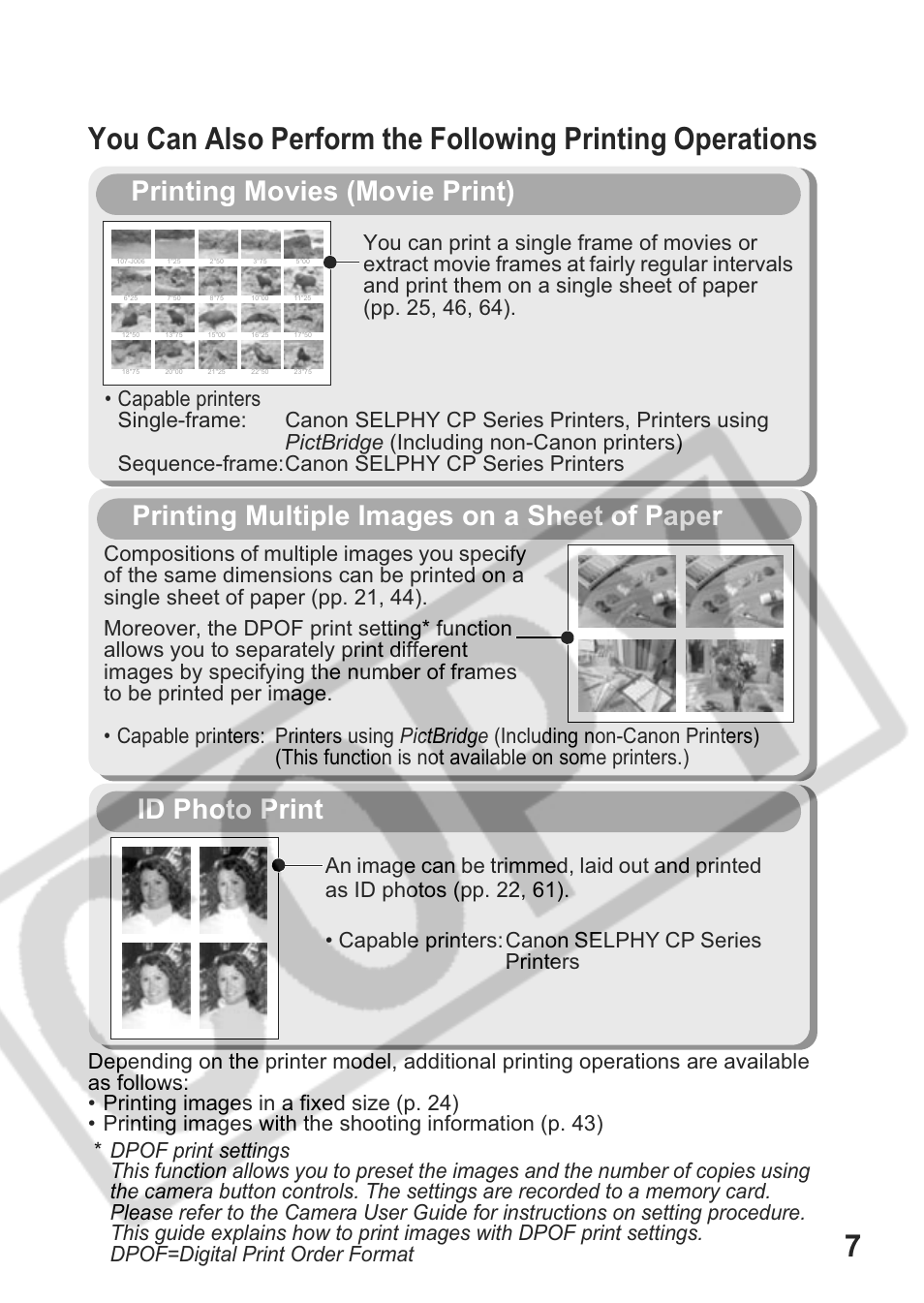 Printing movies (movie print), Printing multiple images on a sheet of paper, Id photo print | Canon CDI-E301-010 User Manual | Page 9 / 82