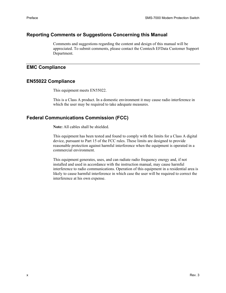 Emc compliance, En55022 compliance, Federal communications commission (fcc) | Comtech EF Data SMS-7000 User Manual | Page 18 / 148
