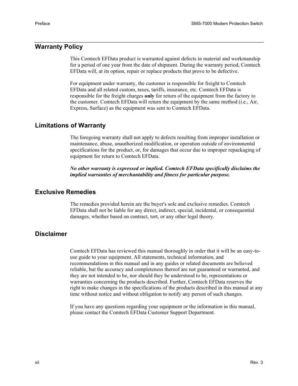 Warranty policy, Limitations of warranty, Exclusive remedies | Disclaimer | Comtech EF Data SMS-7000 User Manual | Page 20 / 148
